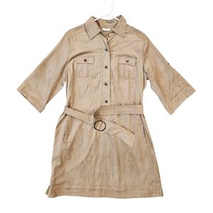 Tan Button-Up Shirt Dress with Belt